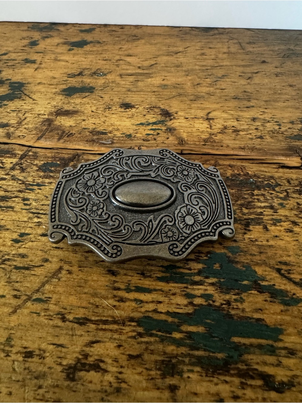 Decorative Floral Design Belt Buckle - Antique Silver